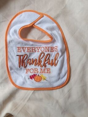 White and Orange 'Thankful' Baby Bib
